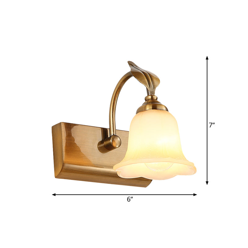 Skørter | Cream Glass Bloom Bar Light Colonial 1/2/3-Head Bathroom Vanity Lighting Fixture in Gold with Leaf Decor