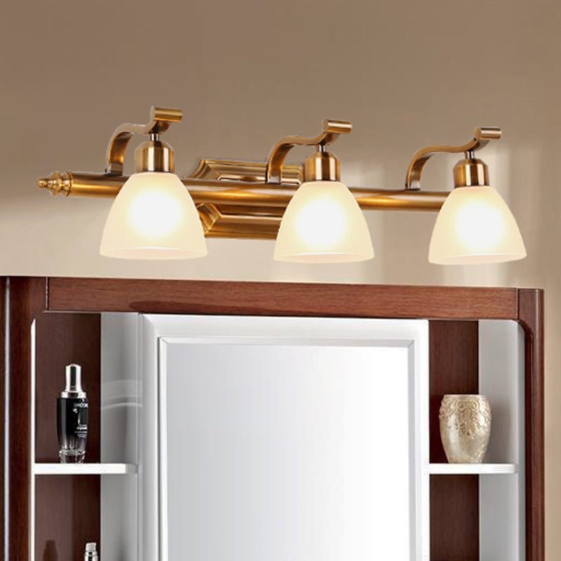 Skørter | Colonial Dome Vanity Lighting Idea 1/2/3-Light Cream Glass Bathroom Wall Lamp in Gold with Curved Arm