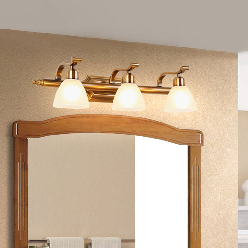 Skørter | Colonial Dome Vanity Lighting Idea 1/2/3-Light Cream Glass Bathroom Wall Lamp in Gold with Curved Arm
