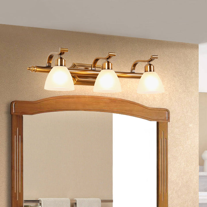 Skørter | Colonial Dome Vanity Lighting Idea 1/2/3-Light Cream Glass Bathroom Wall Lamp in Gold with Curved Arm