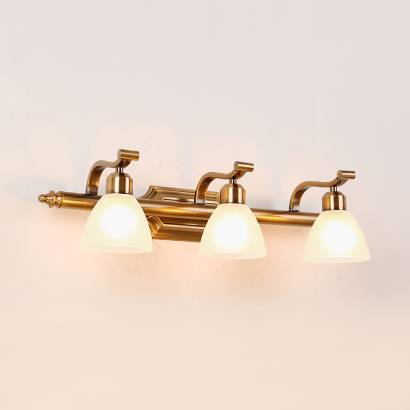 Skørter | Colonial Dome Vanity Lighting Idea 1/2/3-Light Cream Glass Bathroom Wall Lamp in Gold with Curved Arm