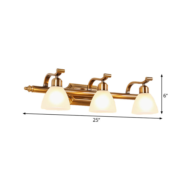 Skørter | Colonial Dome Vanity Lighting Idea 1/2/3-Light Cream Glass Bathroom Wall Lamp in Gold with Curved Arm