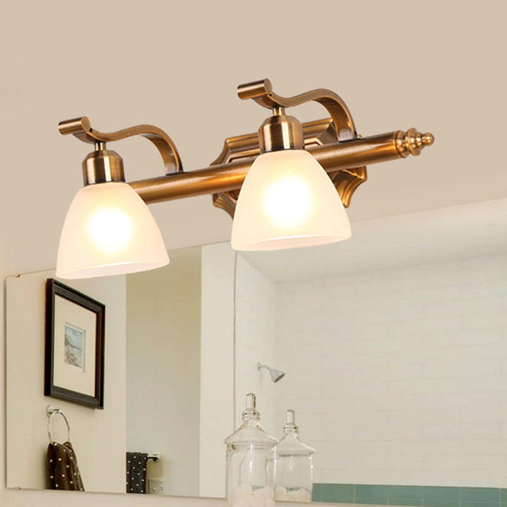 Skørter | Colonial Dome Vanity Lighting Idea 1/2/3-Light Cream Glass Bathroom Wall Lamp in Gold with Curved Arm