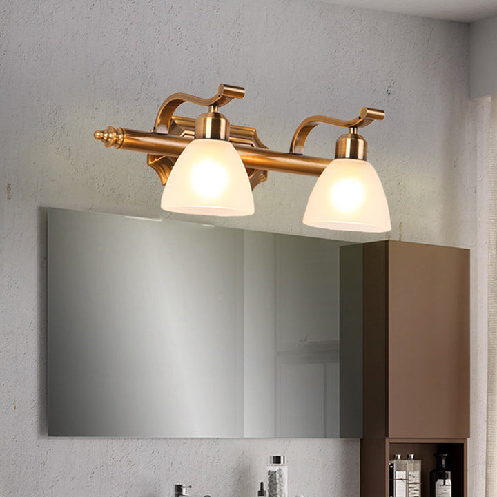 Skørter | Colonial Dome Vanity Lighting Idea 1/2/3-Light Cream Glass Bathroom Wall Lamp in Gold with Curved Arm