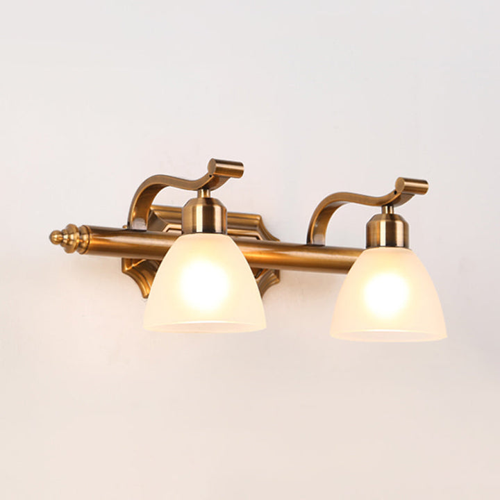 Skørter | Colonial Dome Vanity Lighting Idea 1/2/3-Light Cream Glass Bathroom Wall Lamp in Gold with Curved Arm