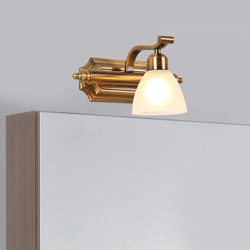 Skørter | Colonial Dome Vanity Lighting Idea 1/2/3-Light Cream Glass Bathroom Wall Lamp in Gold with Curved Arm