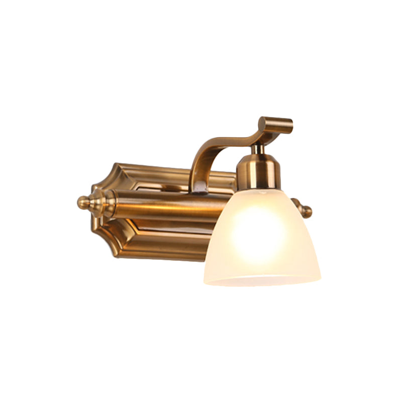 Skørter | Colonial Dome Vanity Lighting Idea 1/2/3-Light Cream Glass Bathroom Wall Lamp in Gold with Curved Arm