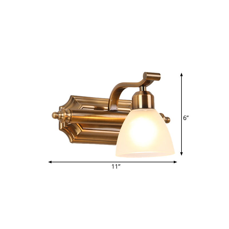Skørter | Colonial Dome Vanity Lighting Idea 1/2/3-Light Cream Glass Bathroom Wall Lamp in Gold with Curved Arm