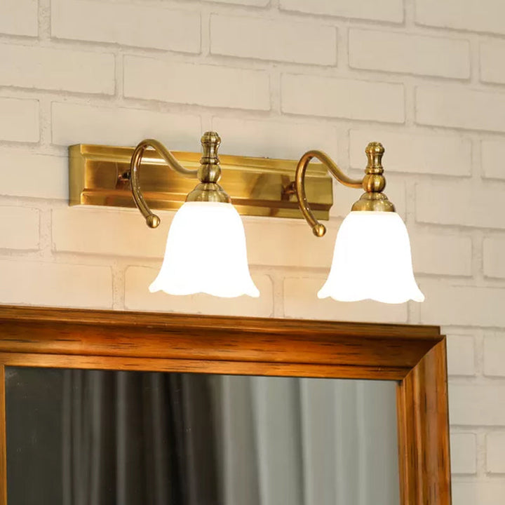 Skørter | 2/3 Heads Wall Vanity Light Colonial Bathroom Wall Lamp with Floral Opal Glass Shade in Gold