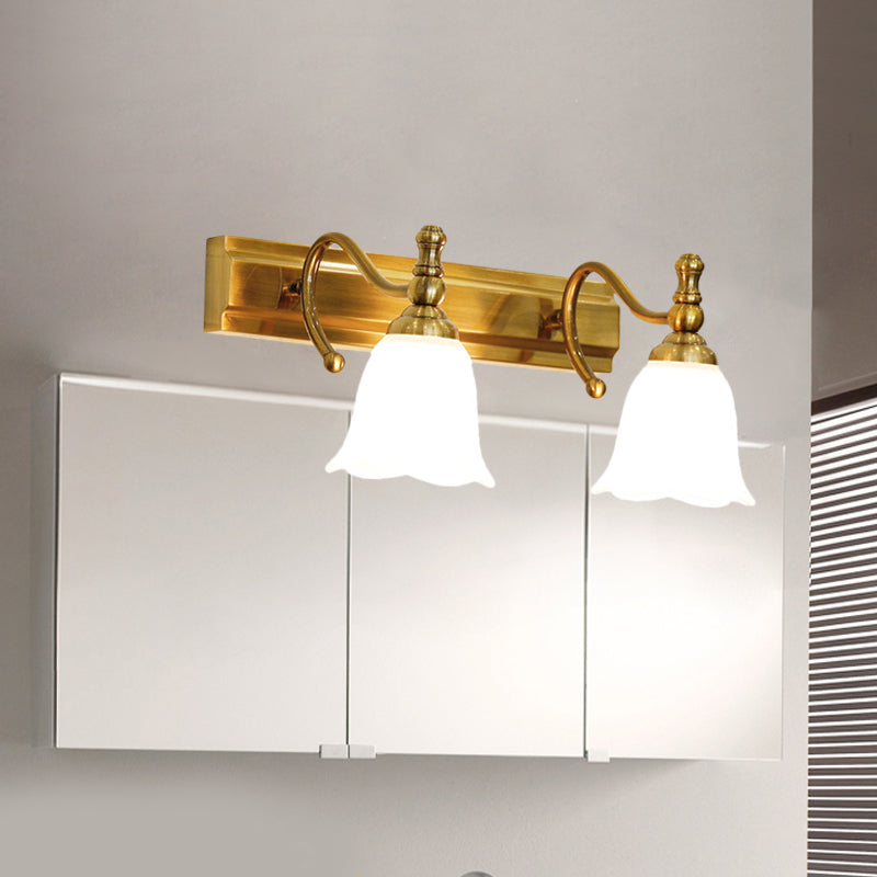 Skørter | 2/3 Heads Wall Vanity Light Colonial Bathroom Wall Lamp with Floral Opal Glass Shade in Gold