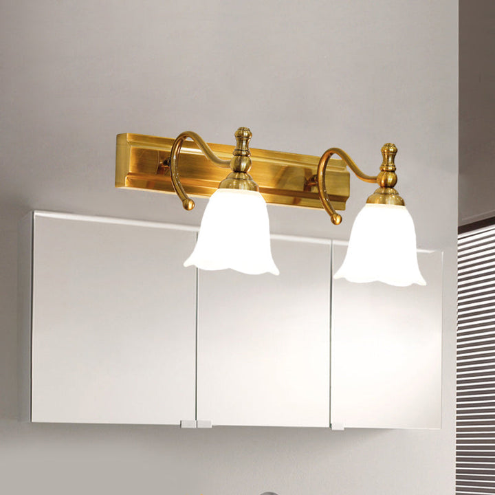 Skørter | 2/3 Heads Wall Vanity Light Colonial Bathroom Wall Lamp with Floral Opal Glass Shade in Gold