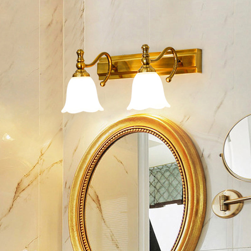 Skørter | 2/3 Heads Wall Vanity Light Colonial Bathroom Wall Lamp with Floral Opal Glass Shade in Gold