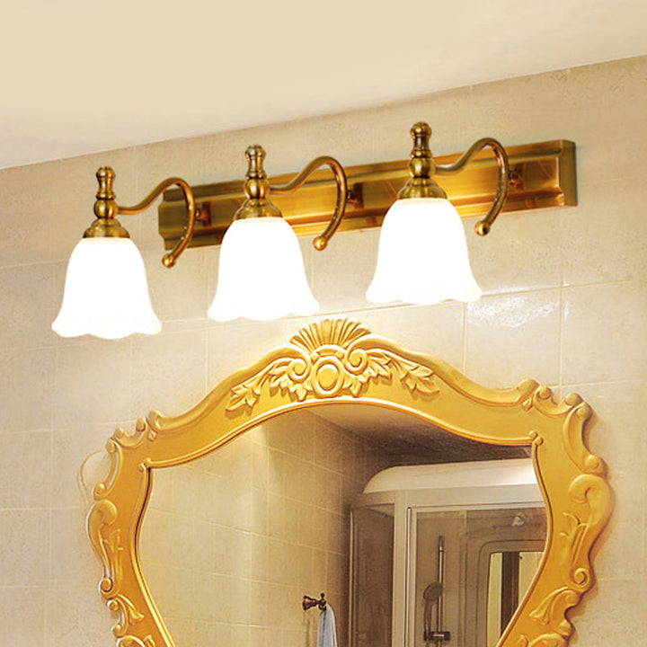 Skørter | 2/3 Heads Wall Vanity Light Colonial Bathroom Wall Lamp with Floral Opal Glass Shade in Gold