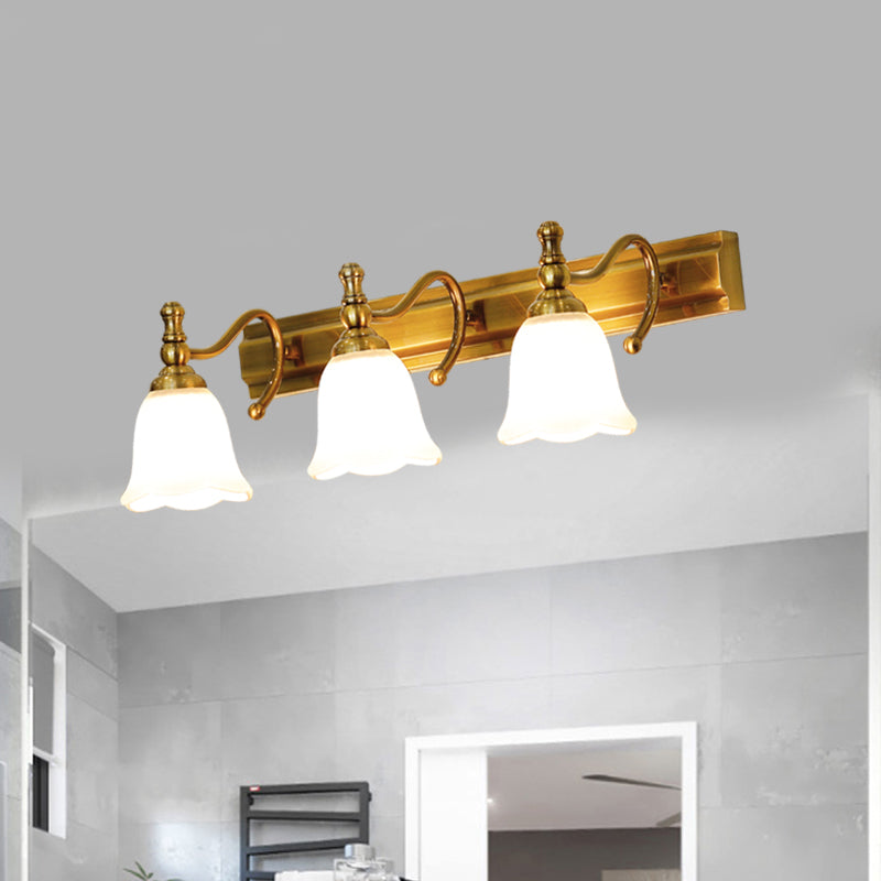 Skørter | 2/3 Heads Wall Vanity Light Colonial Bathroom Wall Lamp with Floral Opal Glass Shade in Gold