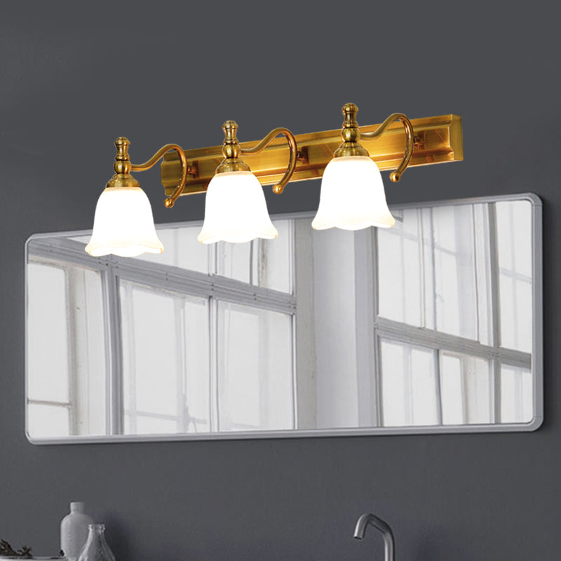 Skørter | 2/3 Heads Wall Vanity Light Colonial Bathroom Wall Lamp with Floral Opal Glass Shade in Gold