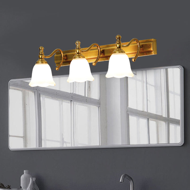 Skørter | 2/3 Heads Wall Vanity Light Colonial Bathroom Wall Lamp with Floral Opal Glass Shade in Gold