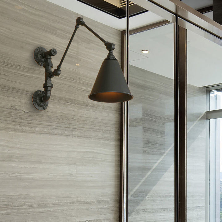 Lisslune | 1 Bulb Swing Arm Wall Lamp Lighting Industrial Black Metal Wall Mount Light with Cone Shade