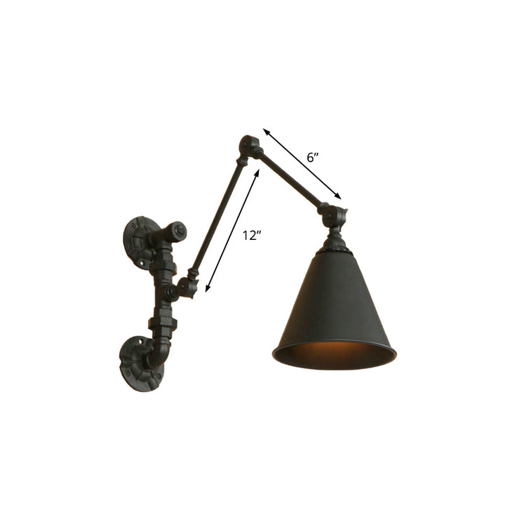 Lisslune | 1 Bulb Swing Arm Wall Lamp Lighting Industrial Black Metal Wall Mount Light with Cone Shade