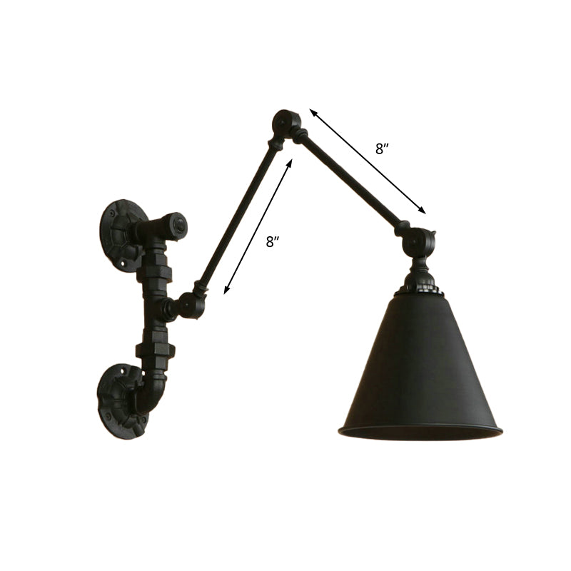 Lisslune | 1 Bulb Swing Arm Wall Lamp Lighting Industrial Black Metal Wall Mount Light with Cone Shade