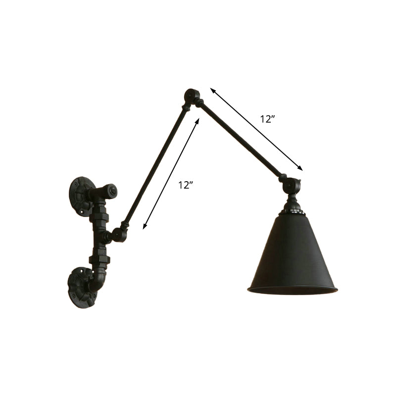 Lisslune | 1 Bulb Swing Arm Wall Lamp Lighting Industrial Black Metal Wall Mount Light with Cone Shade