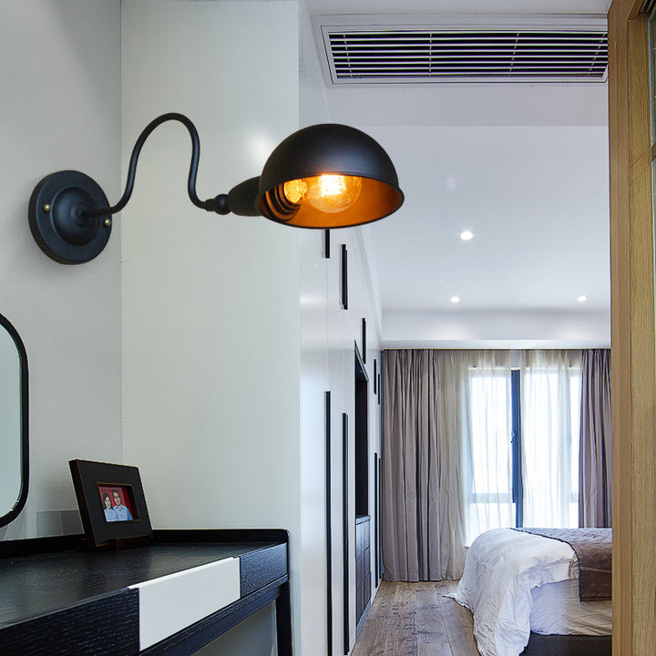 Lisslune | 1 head wall-mounted light loft style dome shade metal adjustable wall lamp in black for bedroom