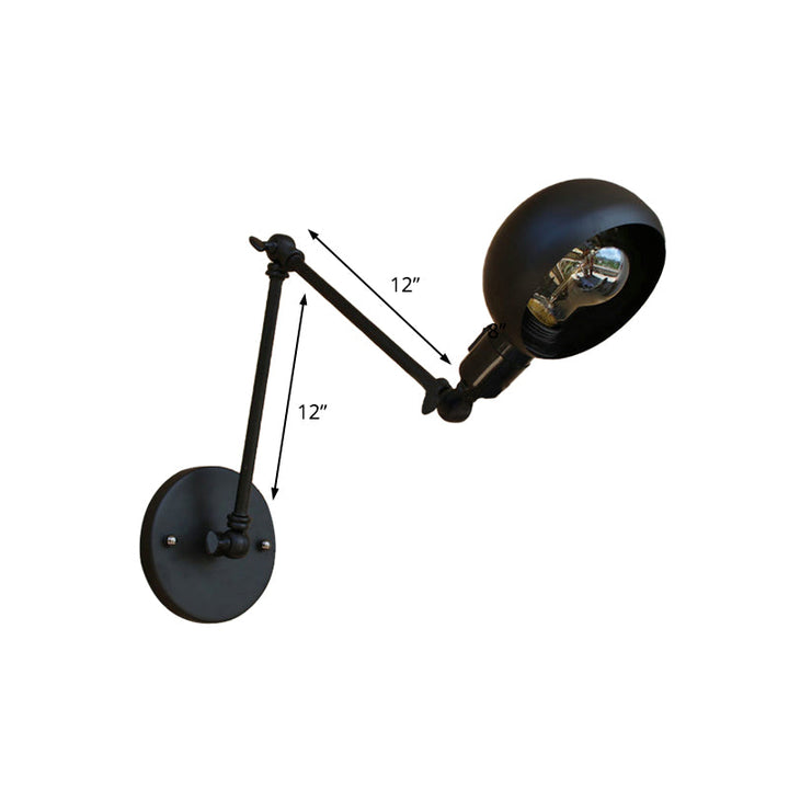 Lisslune | 1 head wall-mounted light loft style dome shade metal adjustable wall lamp in black for bedroom