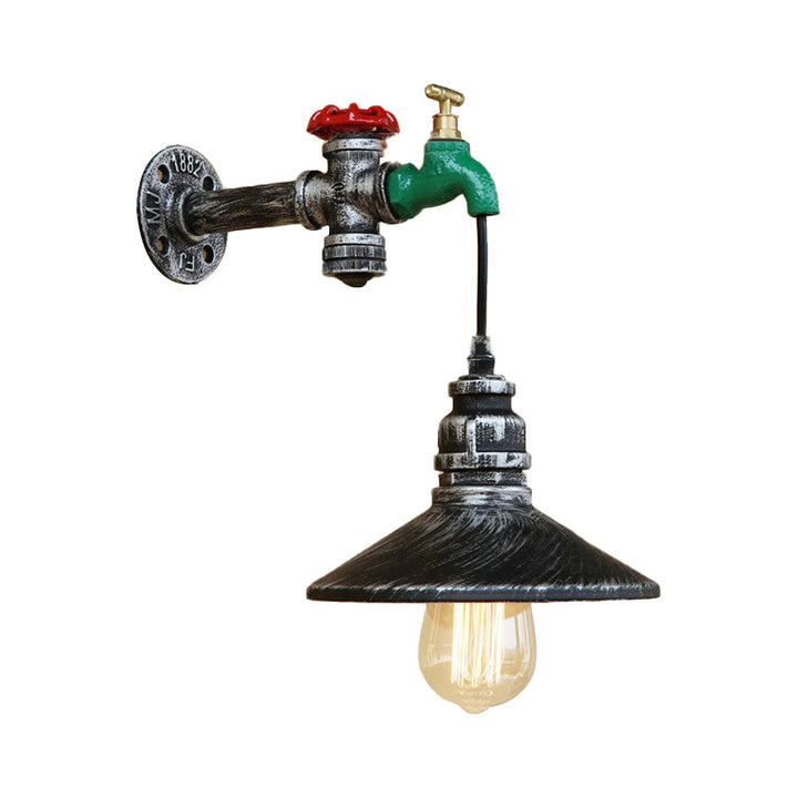 Lisslune | Steampunk Wall Lamp with Conical Shade 1 Lamp Cast Iron Wall Light in Aged Silver