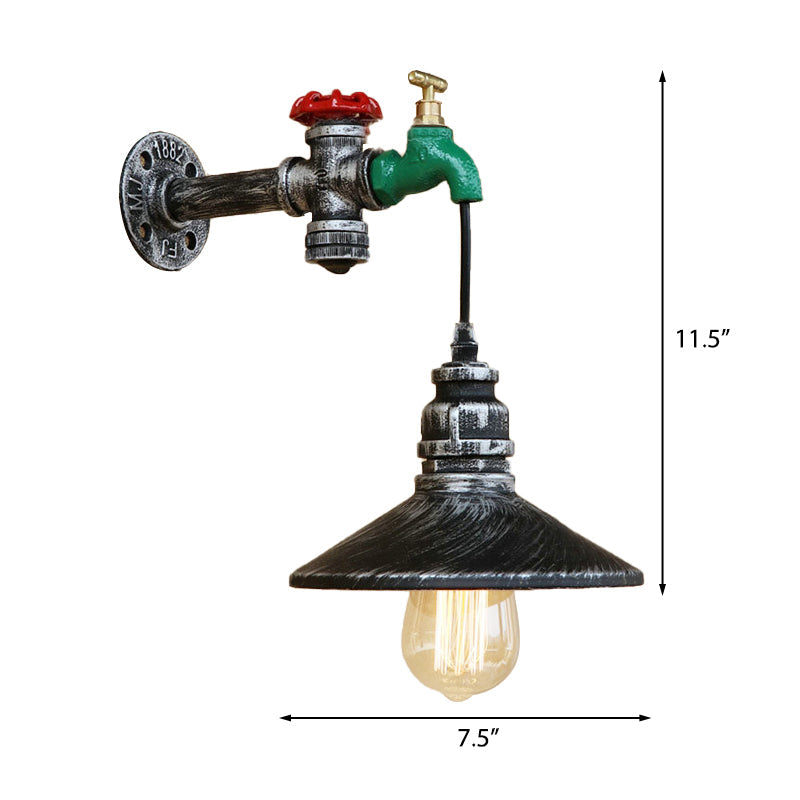 Lisslune | Steampunk Wall Lamp with Conical Shade 1 Lamp Cast Iron Wall Light in Aged Silver
