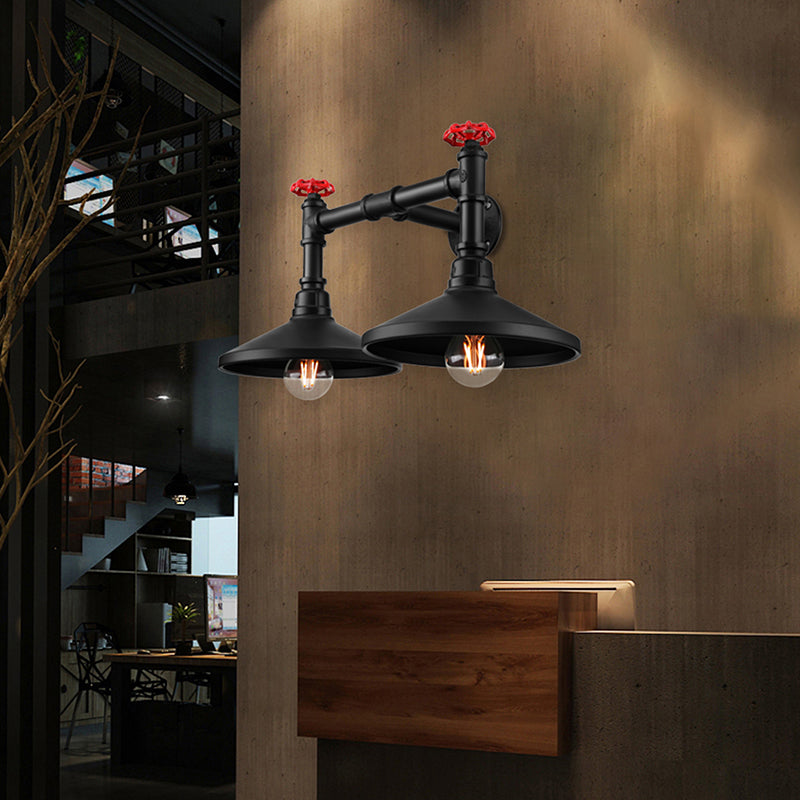 Lisslune | Industrial Cone Wall Lamp with Raw Valve 2 Heads Metal Wall Light in Black for Hallway