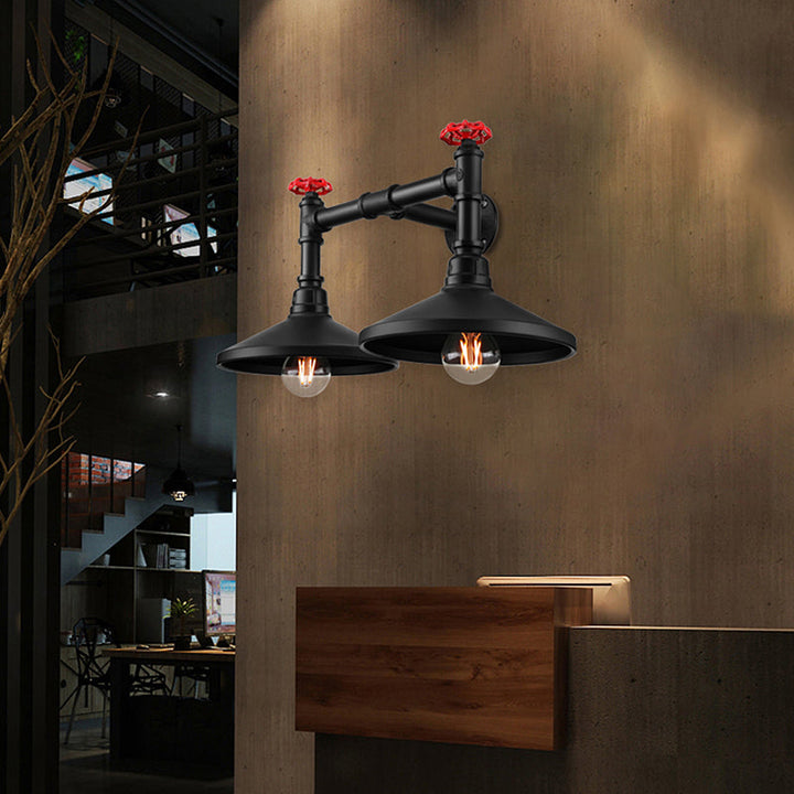 Lisslune | Industrial Cone Wall Lamp with Raw Valve 2 Heads Metal Wall Light in Black for Hallway