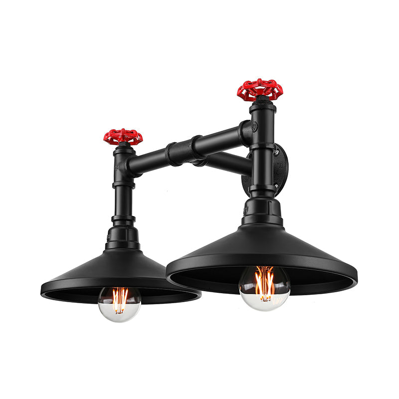 Lisslune | Industrial Cone Wall Lamp with Raw Valve 2 Heads Metal Wall Light in Black for Hallway