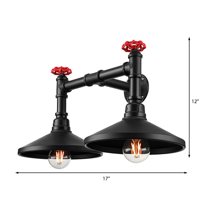 Lisslune | Industrial Cone Wall Lamp with Raw Valve 2 Heads Metal Wall Light in Black for Hallway
