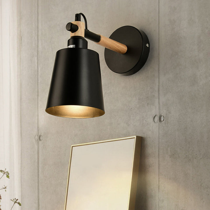 Lisslune | 1 Light cylindrical wall lamp fixture in modernist style Black metal wall lamp with wood connection for the bedroom