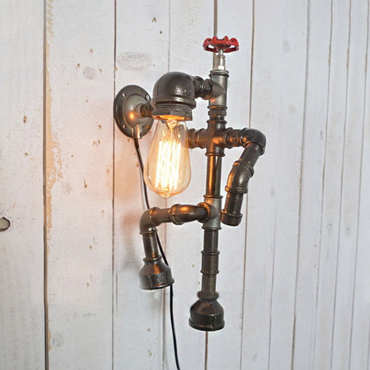 Lisslune | Bronze Finish Robot Sconce Light with Expose Bulb and Red Valve Vintage Metallic 1 Head Corridor Wall Lighting