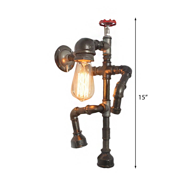 Lisslune | Bronze Finish Robot Sconce Light with Expose Bulb and Red Valve Vintage Metallic 1 Head Corridor Wall Lighting