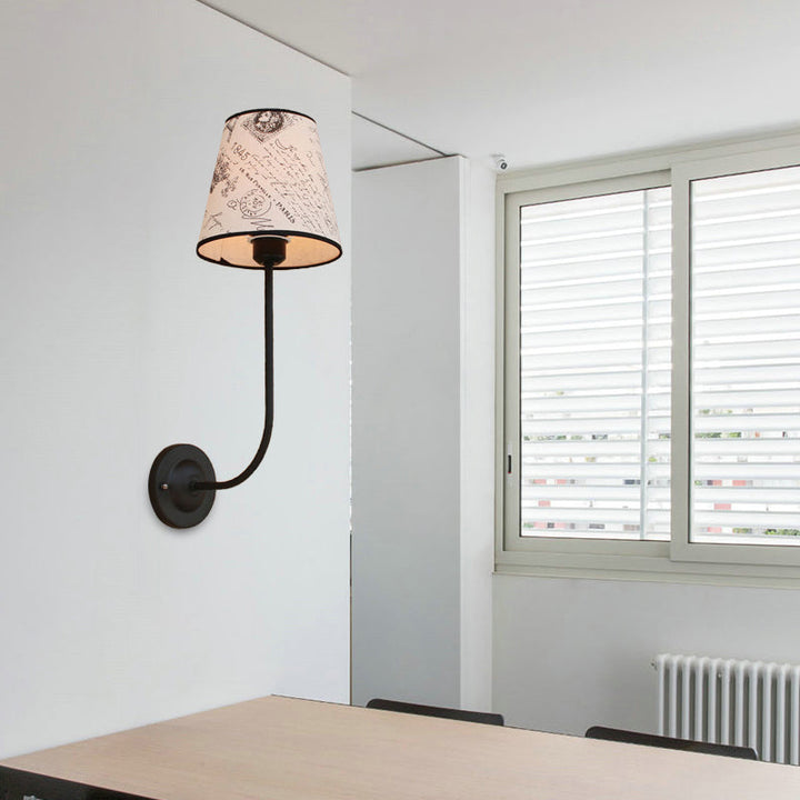 Lisslune | Vintage Conical Wall Lamp 1 Head Fabric and Metal Wall Mount Fixture with Curved Arm in White