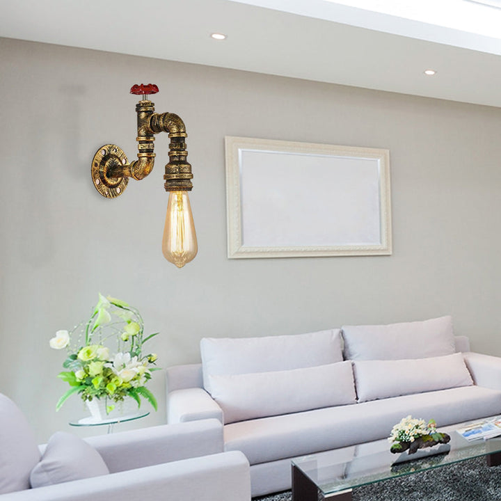 Lisslune | Antique Brass Faucet Form Wall Sconce with Valve Industrial 1 Light Living Room Wall Mount Light