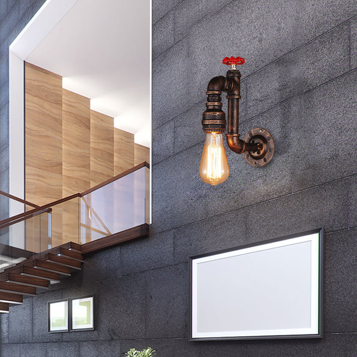 Lisslune | Rustic Style Pipe Wall Sconce with Valve Wheel 1 Bulb Wrought Iron Wall Mounted Light in Bronze