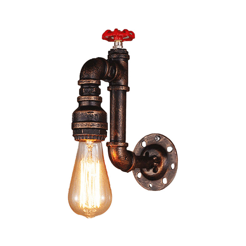 Lisslune | Rustic Style Pipe Wall Sconce with Valve Wheel 1 Bulb Wrought Iron Wall Mounted Light in Bronze