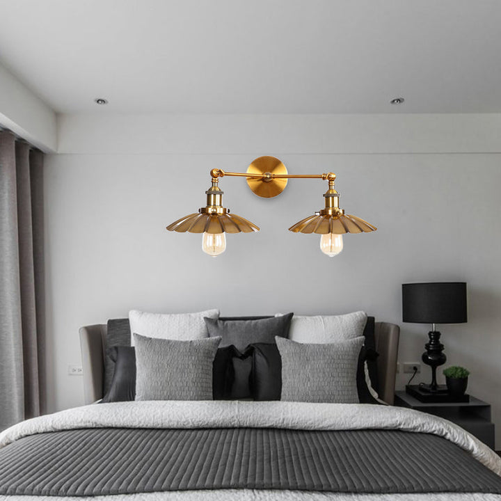 Lisslune | Antique Stylish Ribbed Edge Wall Lamp 2 Heads Metal Wall Mounted Light in Brass/Rust for Bedroom