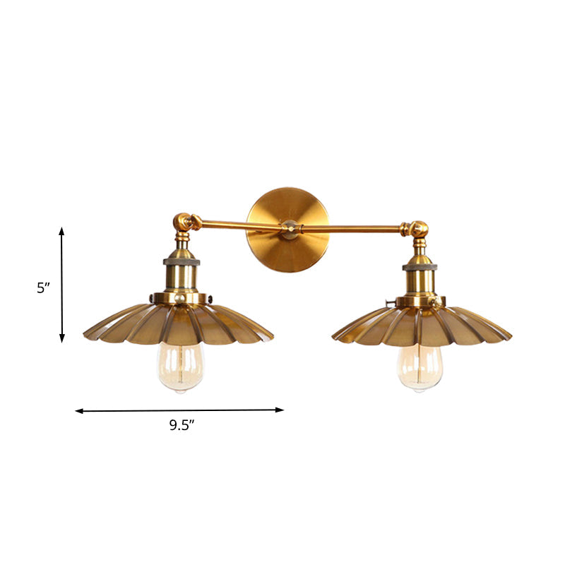 Lisslune | Antique Stylish Ribbed Edge Wall Lamp 2 Heads Metal Wall Mounted Light in Brass/Rust for Bedroom