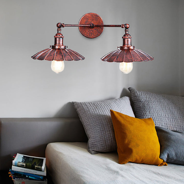 Lisslune | Antique Stylish Ribbed Edge Wall Lamp 2 Heads Metal Wall Mounted Light in Brass/Rust for Bedroom