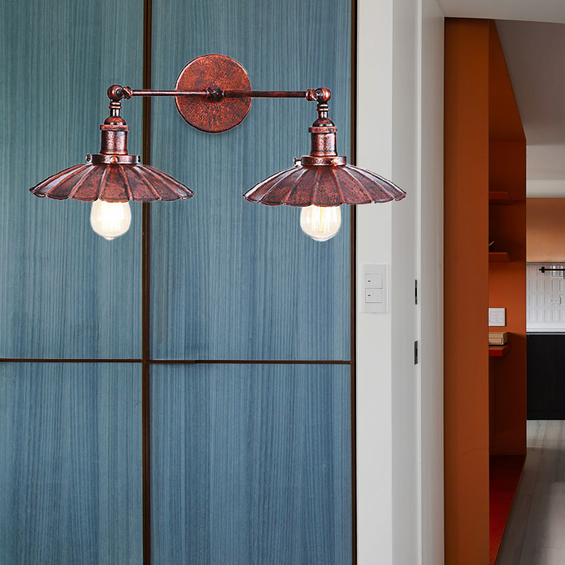 Lisslune | Antique Stylish Ribbed Edge Wall Lamp 2 Heads Metal Wall Mounted Light in Brass/Rust for Bedroom