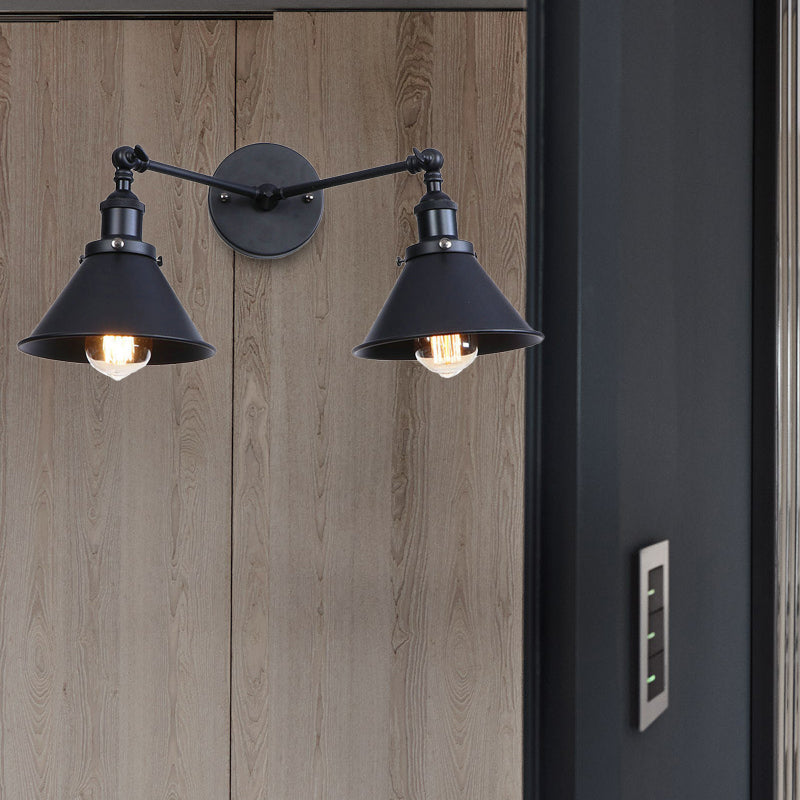 Lisslune | Tapered Umbrella Iron Wall Mount Light Industrial Vintage 2 Heads Farmhouse Wall Mount Light in Black/Brass