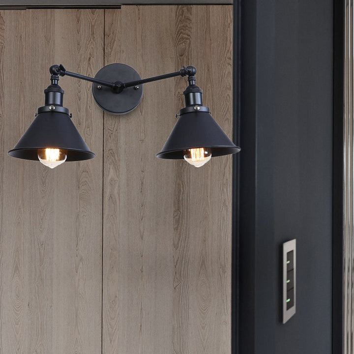 Lisslune | Tapered Umbrella Iron Wall Mount Light Industrial Vintage 2 Heads Farmhouse Wall Mount Light in Black/Brass