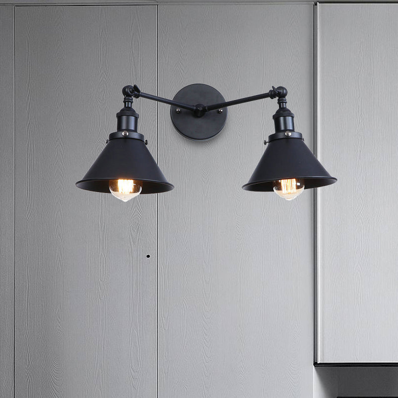 Lisslune | Tapered Umbrella Iron Wall Mount Light Industrial Vintage 2 Heads Farmhouse Wall Mount Light in Black/Brass