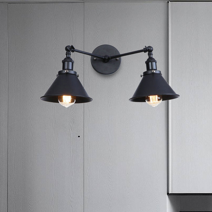 Lisslune | Tapered Umbrella Iron Wall Mount Light Industrial Vintage 2 Heads Farmhouse Wall Mount Light in Black/Brass