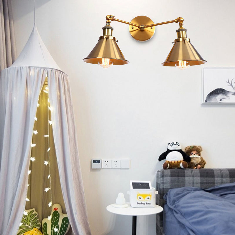 Lisslune | Tapered Umbrella Iron Wall Mount Light Industrial Vintage 2 Heads Farmhouse Wall Mount Light in Black/Brass