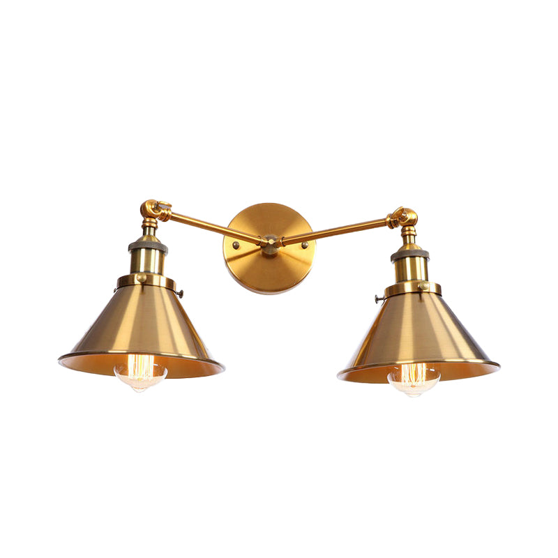 Lisslune | Tapered Umbrella Iron Wall Mount Light Industrial Vintage 2 Heads Farmhouse Wall Mount Light in Black/Brass