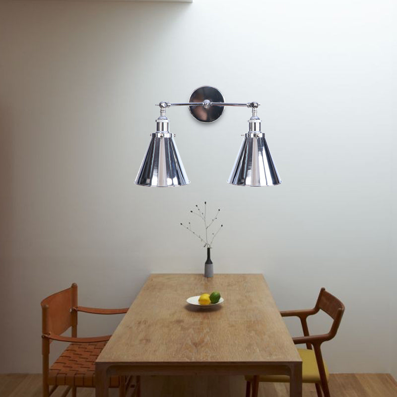 Lisslune | Polished Chrome Conic Wall Mount Fixture Retro Style Iron 2 Lights Dining Room Wall Mount Light